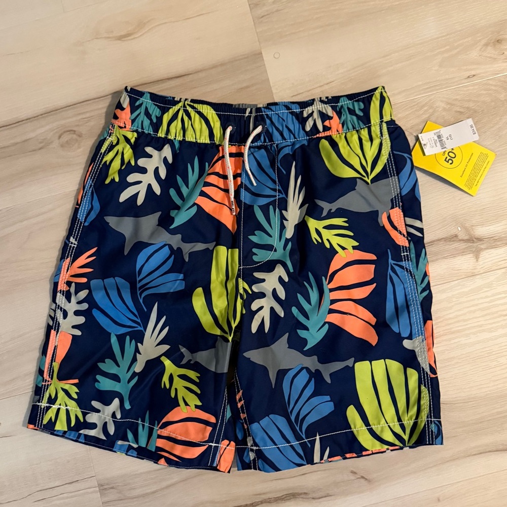 Gap Kids Boys UV Navy Tropical Coral Shark Print Swim Trunks New with Tags